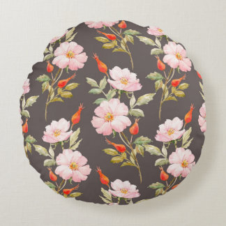 Almofada Redonda Padrão floral de aquarela de rosa de cão e de berç