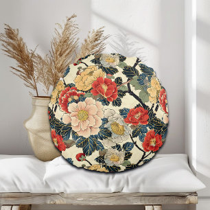Almofada Redonda Padrão Floral de Arte Ukiyo-E Japonês