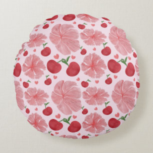 Almofada Redonda Padrão Floral de Cereja em Aquarela, Cerejas Fofas