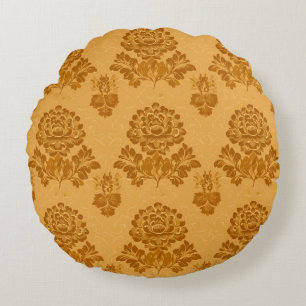 Almofada Redonda Padrão Floral de Damasco Dourado