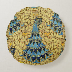 Almofada Redonda Padrão Floral de Pavão Azul Art Nouveau Antigo