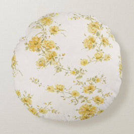 Almofada Redonda Padrão Floral de Rosas Amarelas Vintage Elegante