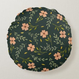 Almofada Redonda Padrão Floral Delicado em Verde Escuro com Aquarel