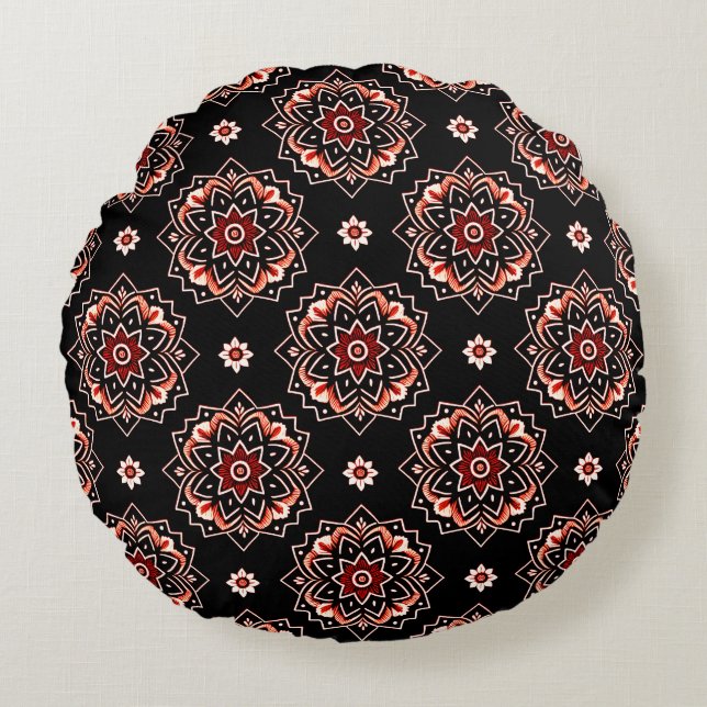 Almofada Redonda Padrão Floral Elegante Mandala Boho (Frente)
