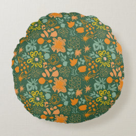 Almofada Redonda Padrão floral em um fundo verde escuro