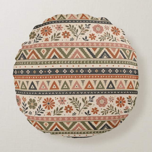 Almofada Redonda Padrão Floral Geométrico Boho Folk Perfeito (Frente)