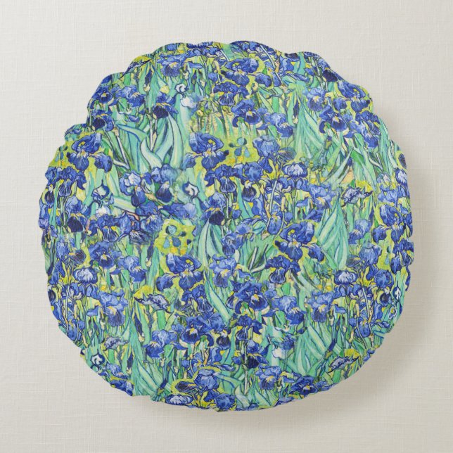 Almofada Redonda Padrão Floral Íris Azul de Van Gogh (Frente)