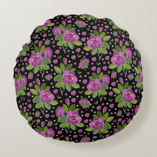 Almofada Redonda Padrão Floral Lilás Rosa Verde Preto
