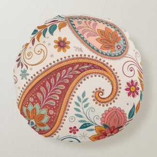 Almofada Redonda Padrão Floral Paisley Boho Vibrante Branco