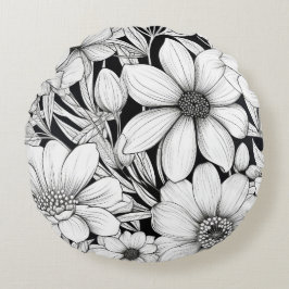 Almofada Redonda Padrão Floral Preto e Branco