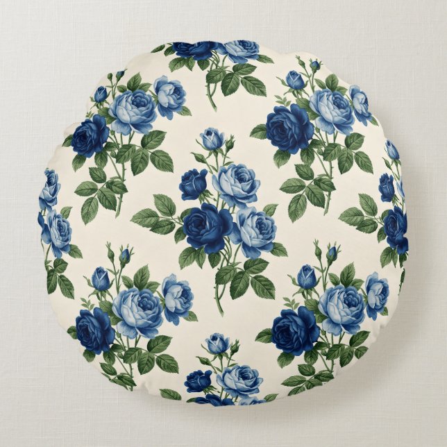 Almofada Redonda Padrão Floral Rosa Azul (Frente)