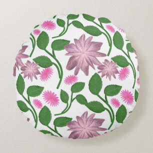 Almofada Redonda Padrão floral rosa com folhas verdes