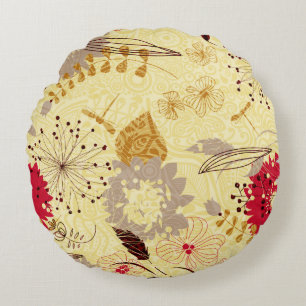 Almofada Redonda Padrão Floral Rustic Retro Beige E Vermelho