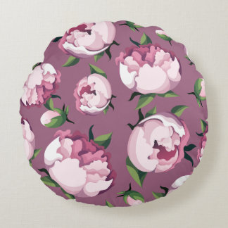 Almofada Redonda Padrão Floral Seamless de Peônia Rosa no Tom Malva
