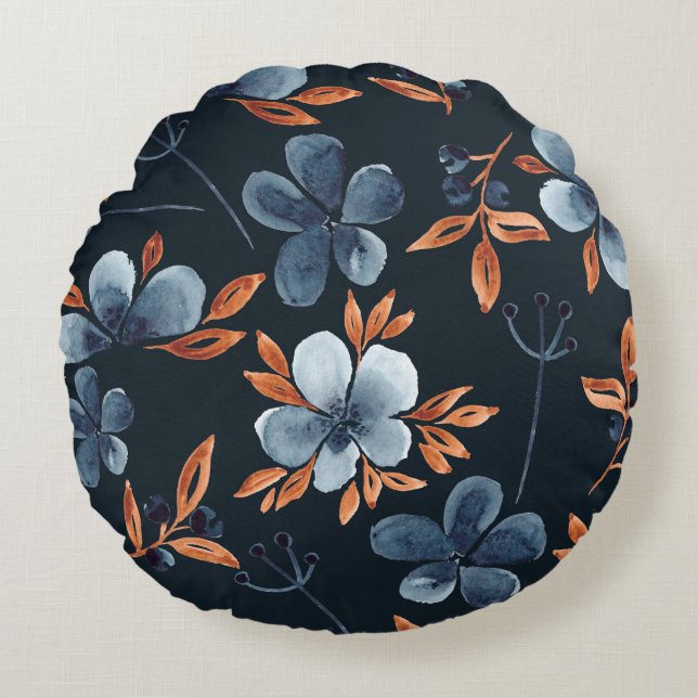 Almofada Redonda Padrão floral uniforme de aquarelas com indigo flo (Frente)