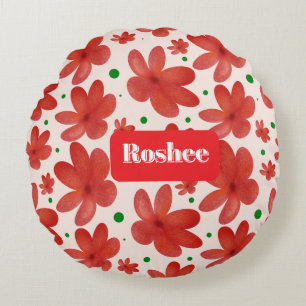 Almofada Redonda Padrão Floral Vermelho Sem Costura Flor Retro Fofa