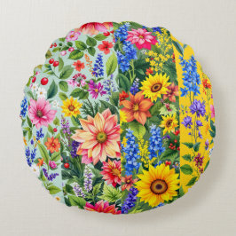 Almofada Redonda Padrão floral vibrante com girassol e dália
