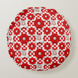 Almofada Redonda Padrão Floral Vibrante em Vermelho e Branco com Pé