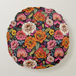 Almofada Redonda Padrão floral vintage com cores ousadas em preto