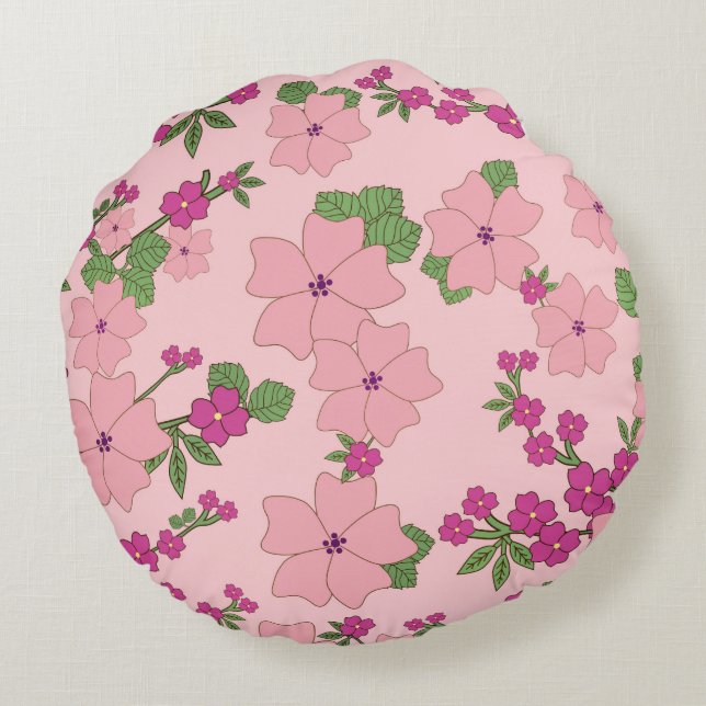 Almofada Redonda Padrão floral, violeta pastel e rosa, (Verso)