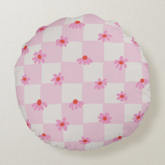 Almofada Redonda Padrão Floral Xadrez de Margaridas Rosa Suave