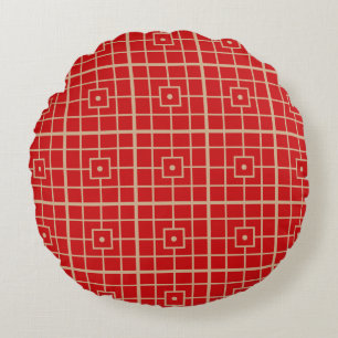 Almofada Redonda Padrão Geométrico Chinês Tradicional Vermelho e Do
