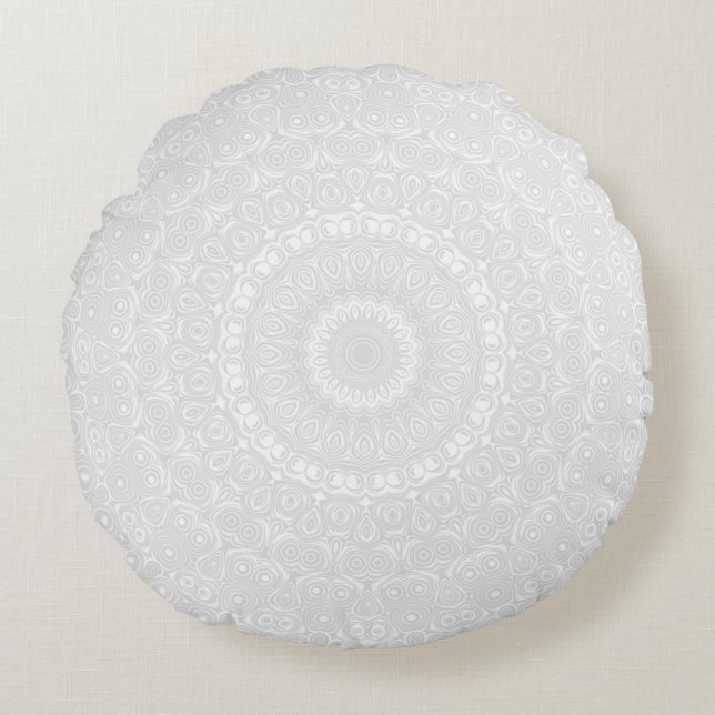 Almofada Redonda Padrão Geométrico de Mandala Branco sobre Branco (Frente)