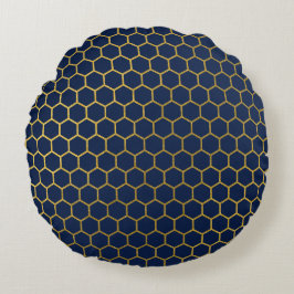 Almofada Redonda Padrão Geométrico do Hexágono Azul e Dourado do ma