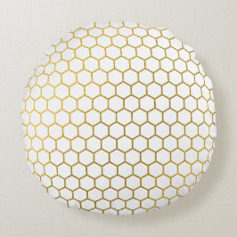 Almofada Redonda Padrão Geométrico do Hexágono Branco e Dourado