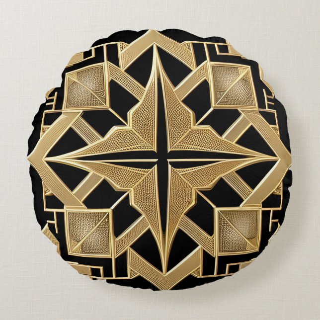 Almofada Redonda Padrão Geométrico Dourado Art Déco (Frente)