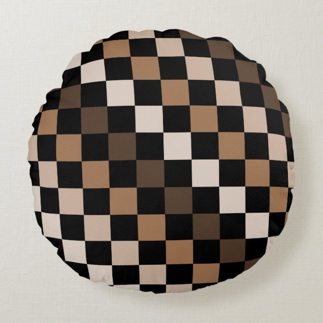Almofada Redonda Padrão Gingham Preto-Castanho Verificado (Frente)