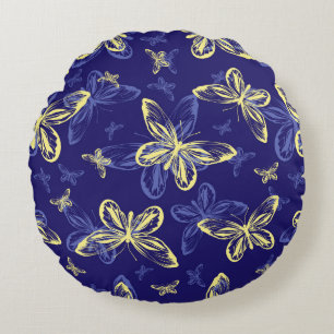 Almofada Redonda Padrão Ilustrado de Borboleta Azul e Amarelo