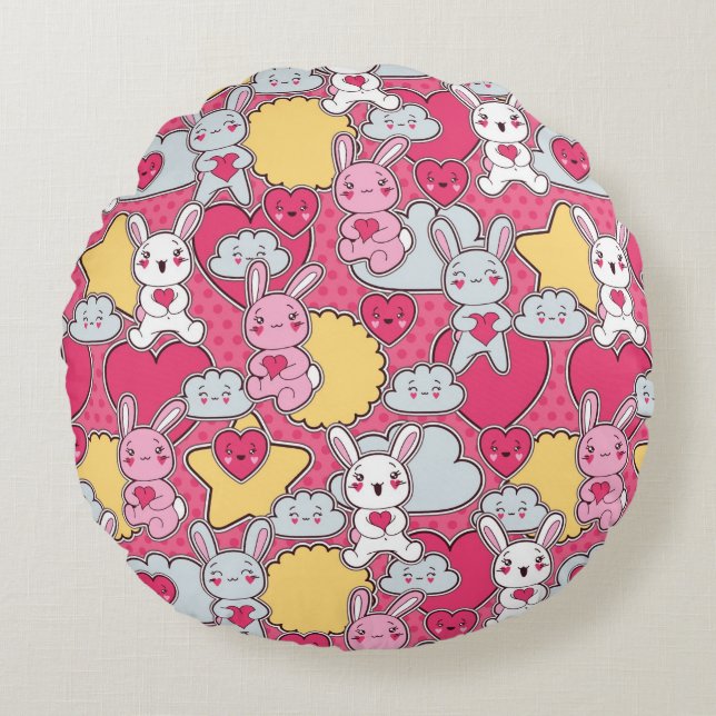 Almofada Redonda Padrão Infantil Kawaii com Doodles Cute 2 (Frente)