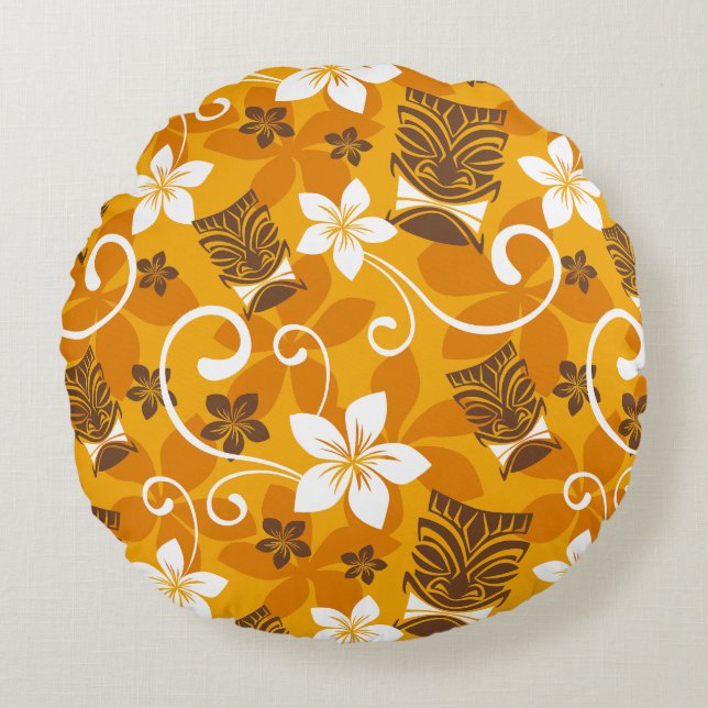 ALMOFADA REDONDA PADRÃO LUAU TIKI (LARANJA) (Frente)