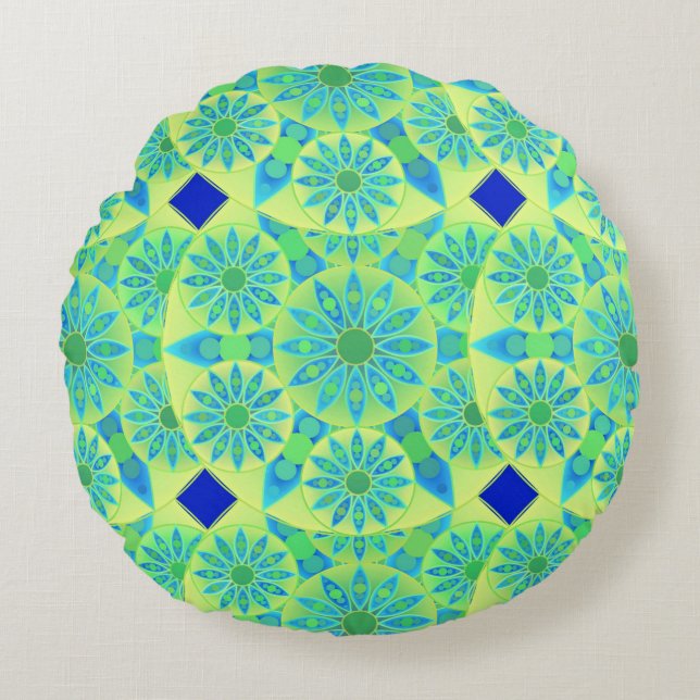 Almofada Redonda Padrão Mandala, turquesa, azul, verde limão (Frente)