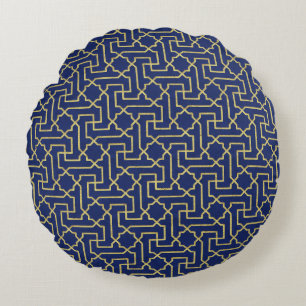 Almofada Redonda Padrão Mosaico Dourado do marinho Azul e Faux