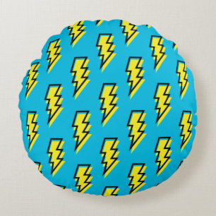 Almofada Redonda Padrão Neon Blue Lightning Bolt de anos 80/90