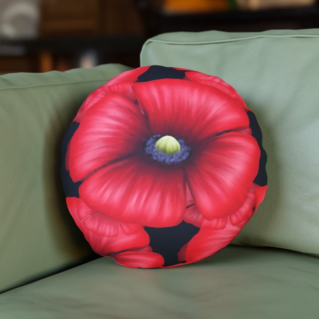 Almofada Redonda Padrão Preto e Vermelho da Poppy (Pop a pretty poppy pillow on your sofa today!)