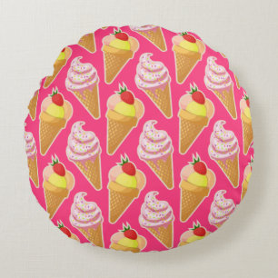 Almofada Redonda Padrão rosa Kawaii com sorvete de morango