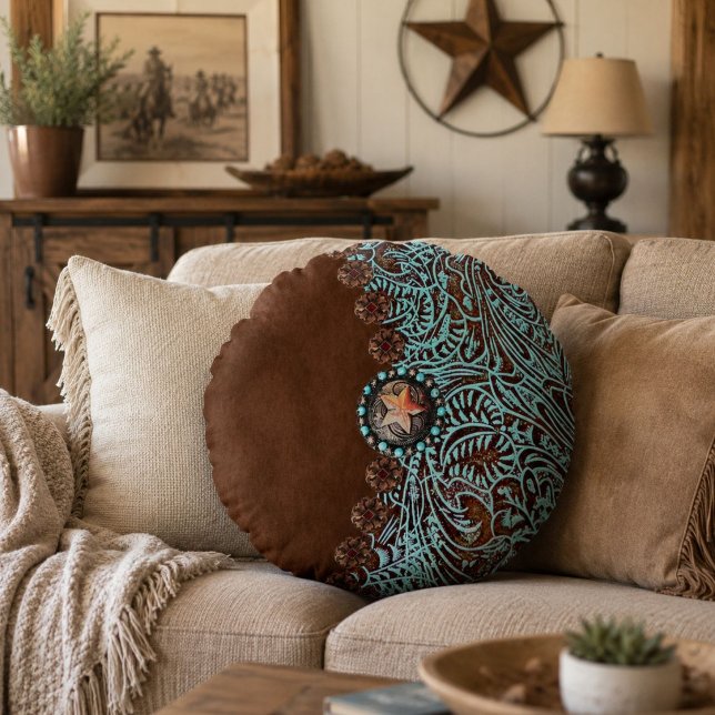 Almofada Redonda Padrão rústico marrom turquesa ocidental country  (Rustic brown turquoise western country pattern round pillow)