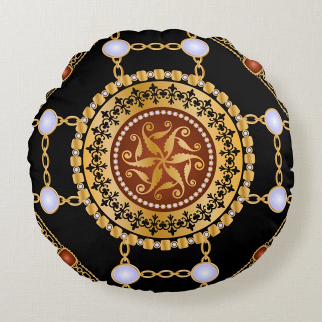 Almofada Redonda Padrão sem costura com correntes de ouro de pedra  (Frente)