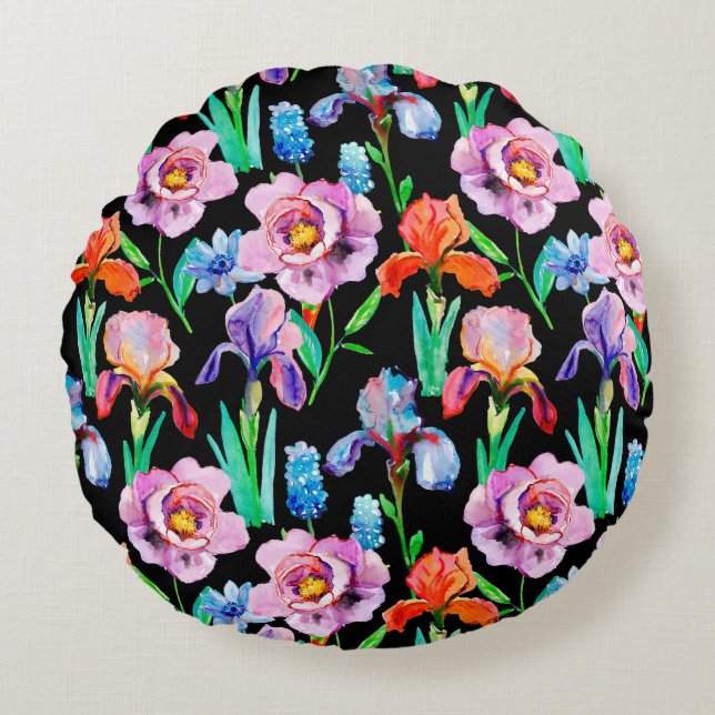 Almofada Redonda Padrão sem costura com flores de Iris e Peony, Wat (Frente)