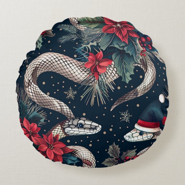 Almofada Redonda Padrão sem costura com ramos de árvores de Natal,  (Frente)