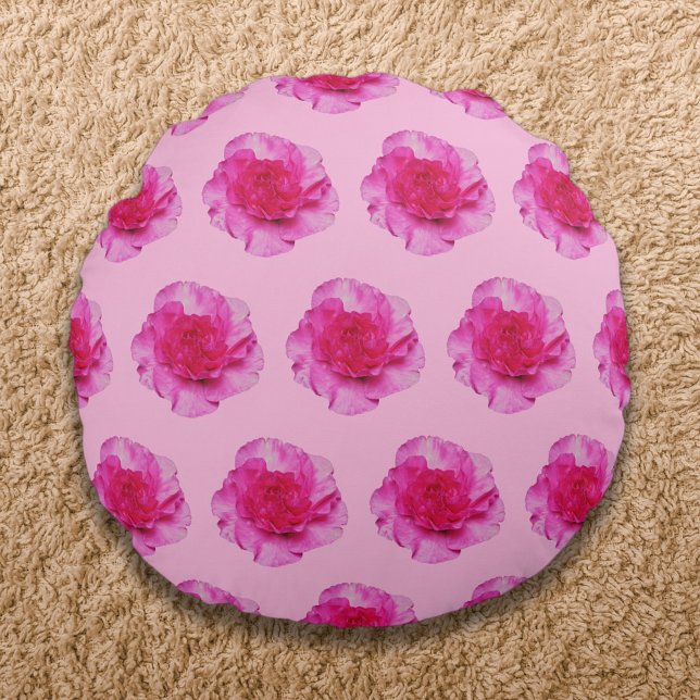 Almofada Redonda Padrão sem costura da Flor de Cravo Rosa em (Pink Carnation flower seamless pattern on round throw pillow)