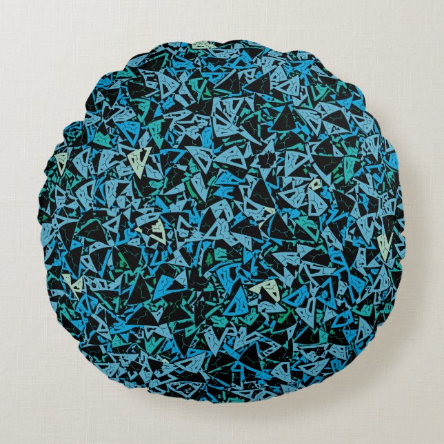 Almofada Redonda Padrão sem costura do triângulo verde azul preto (Frente)