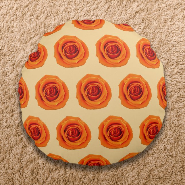 Almofada Redonda Padrão sem soldadura do Rosa de cor laranja ativad (Orange color Rose flower seamless pattern on round throw pillow)