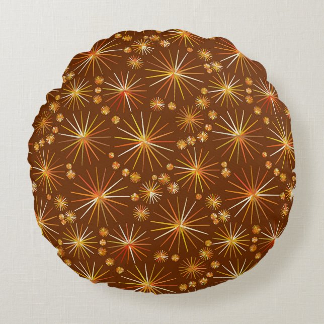 Almofada Redonda Padrão Sputnik de meio século, Castanho de Chocola (Frente)