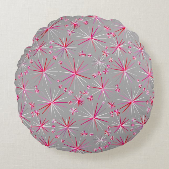 Almofada Redonda Padrão Sputnik de meio século, Cinzas e Fuchsia (Frente)