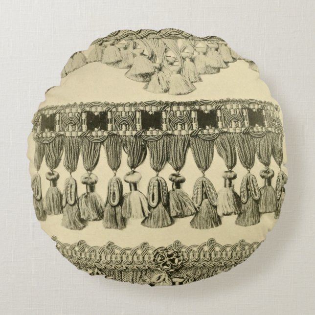 Almofada Redonda Padrão tribal antigo do aço do tassel preto (Frente)