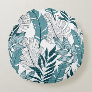 Almofada Redonda Padrão tropical com plantas de moda e folhas em c